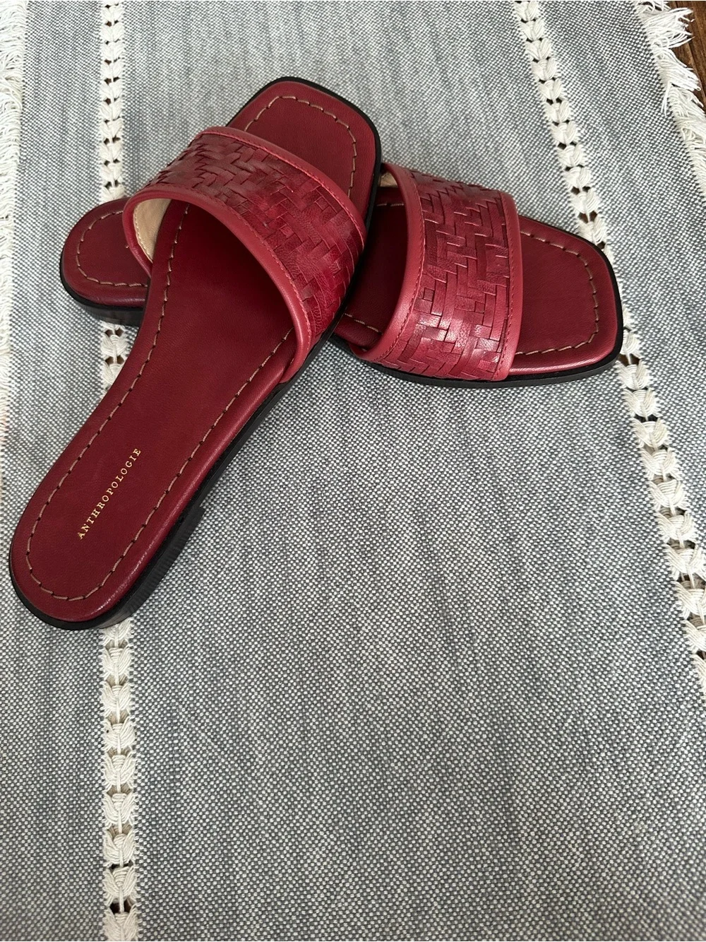 Anthropologie Red Woven Slide Sandals